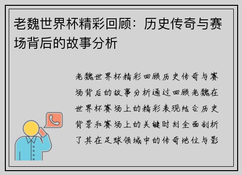 老魏世界杯精彩回顾：历史传奇与赛场背后的故事分析
